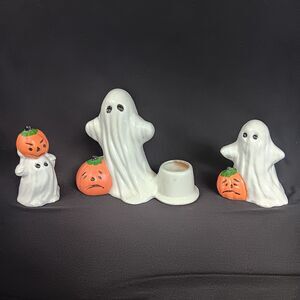 Vintage Bone China Ghosts with Pumpkin Jack O Lanterns Candle Holder Halloween 3